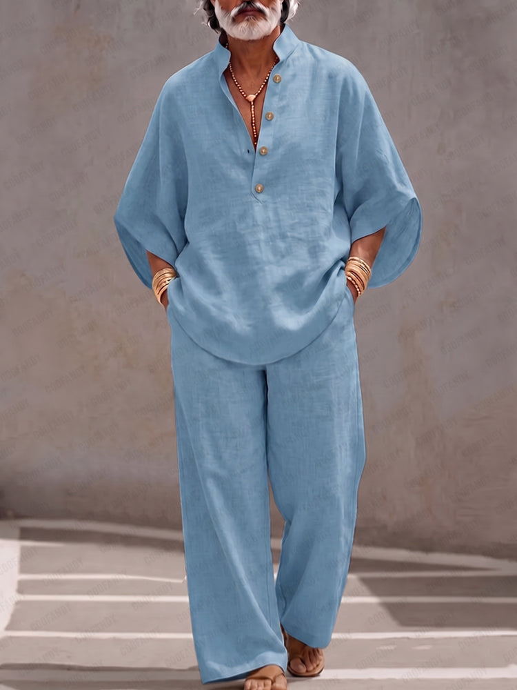 Minimalist 100% Cotton Batwing Sleeve Top and Pants Set - Clear Blue