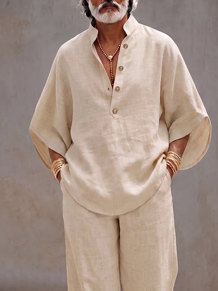 Minimalist 100% Cotton Batwing Sleeve Top and Pants Set - Apricot