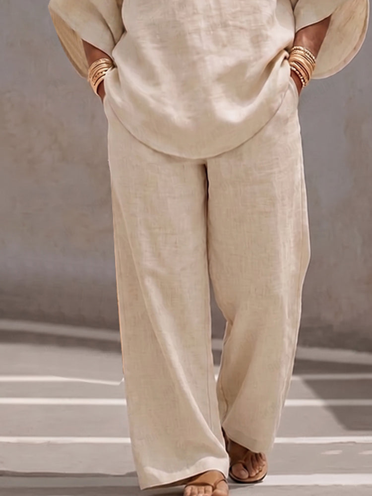 Minimalist 100% Cotton Batwing Sleeve Top and Pants Set - Apricot