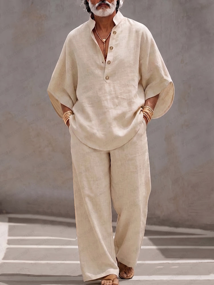 Minimalist 100% Cotton Batwing Sleeve Top and Pants Set - Apricot
