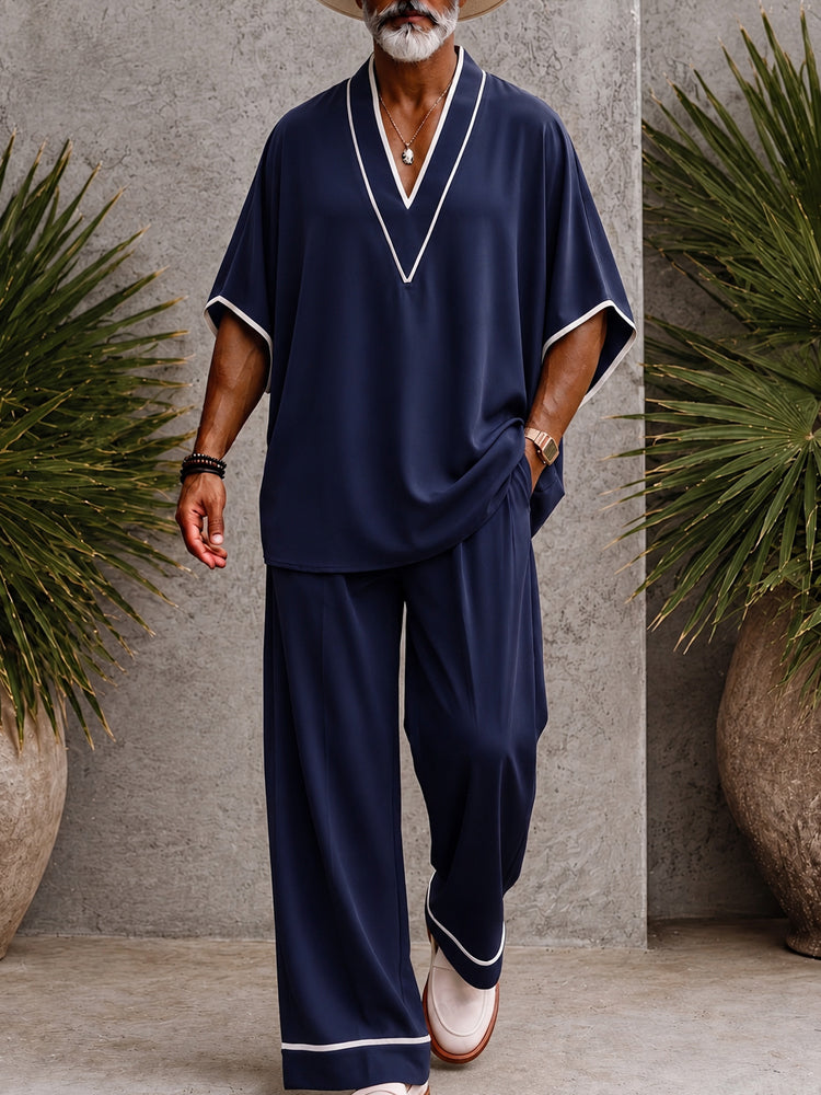 Ultra Soft Loose Batwing Sleeves Two Piece Set - Navy Blue