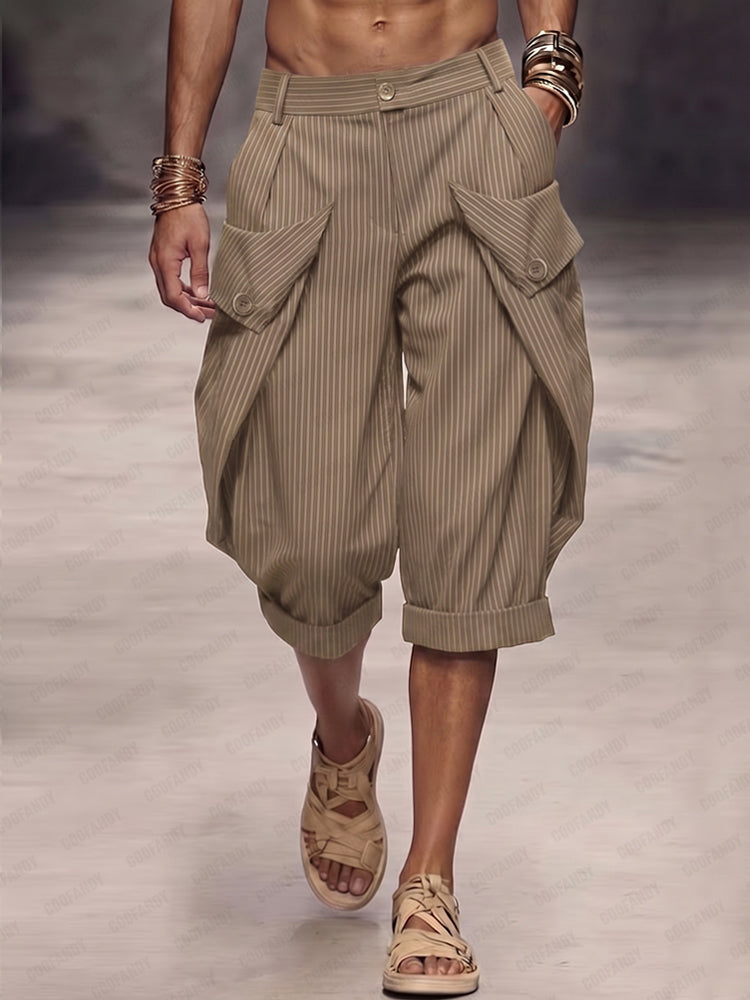 Casual Pinstripe Rolled Hem Cargo Shorts - Khaki