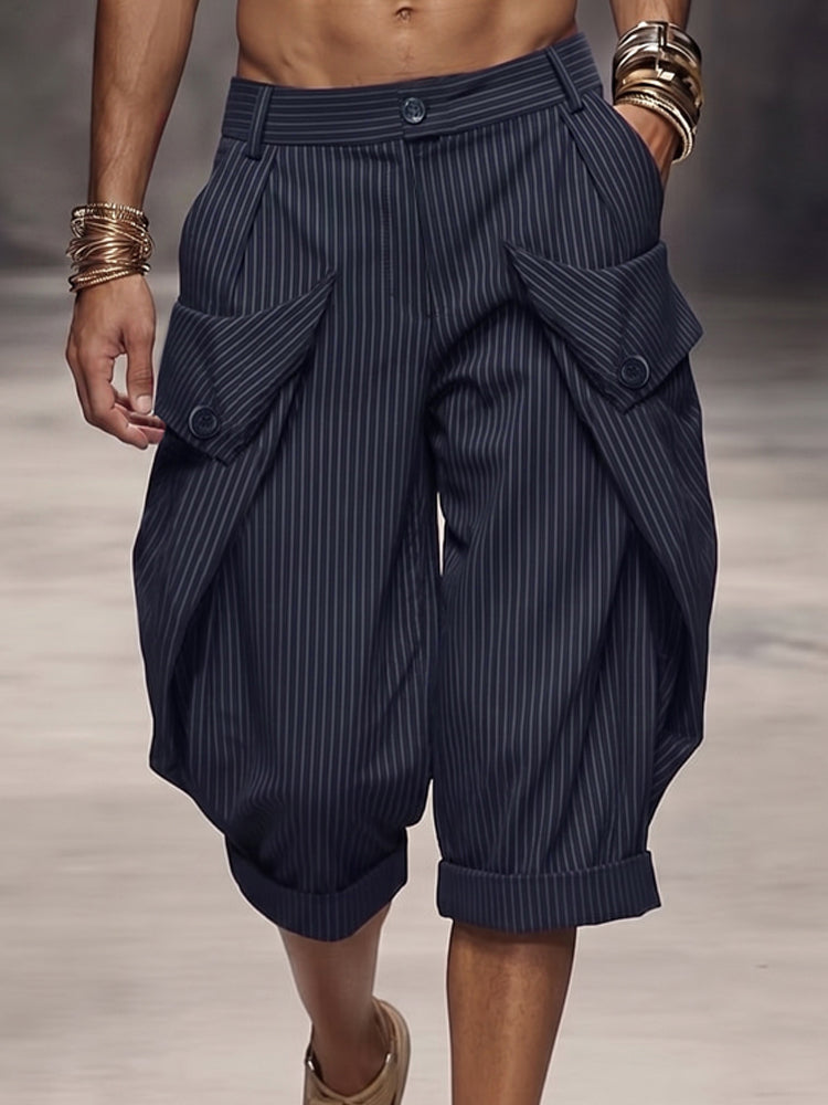 Casual Pinstripe Rolled Hem Cargo Shorts - Navy Blue