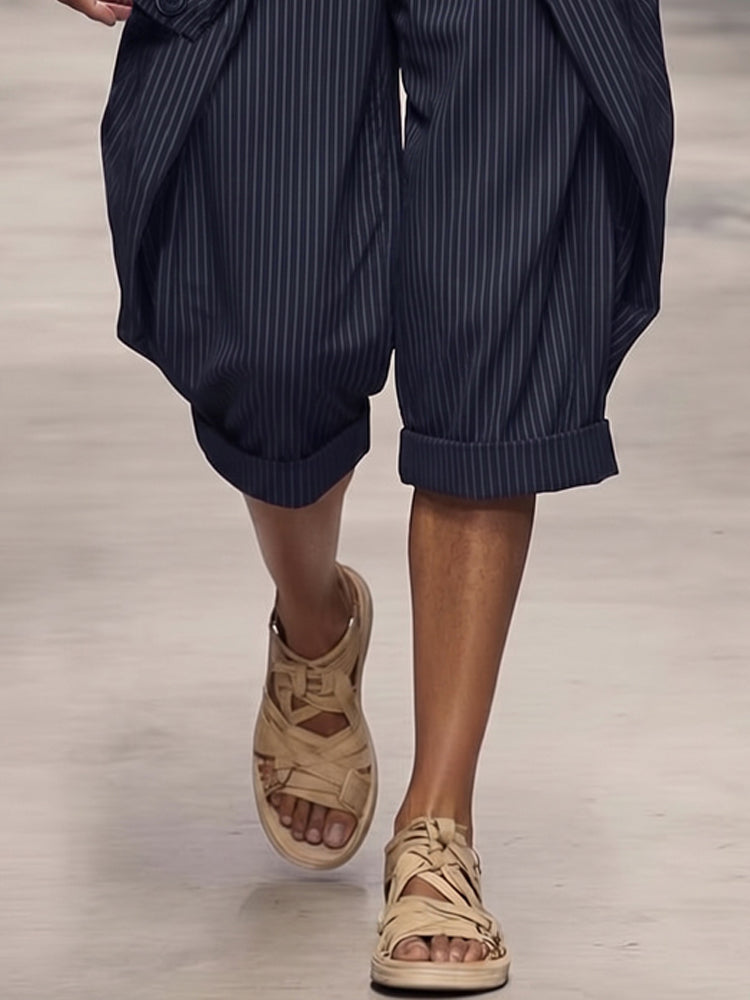 Casual Pinstripe Rolled Hem Cargo Shorts - Navy Blue