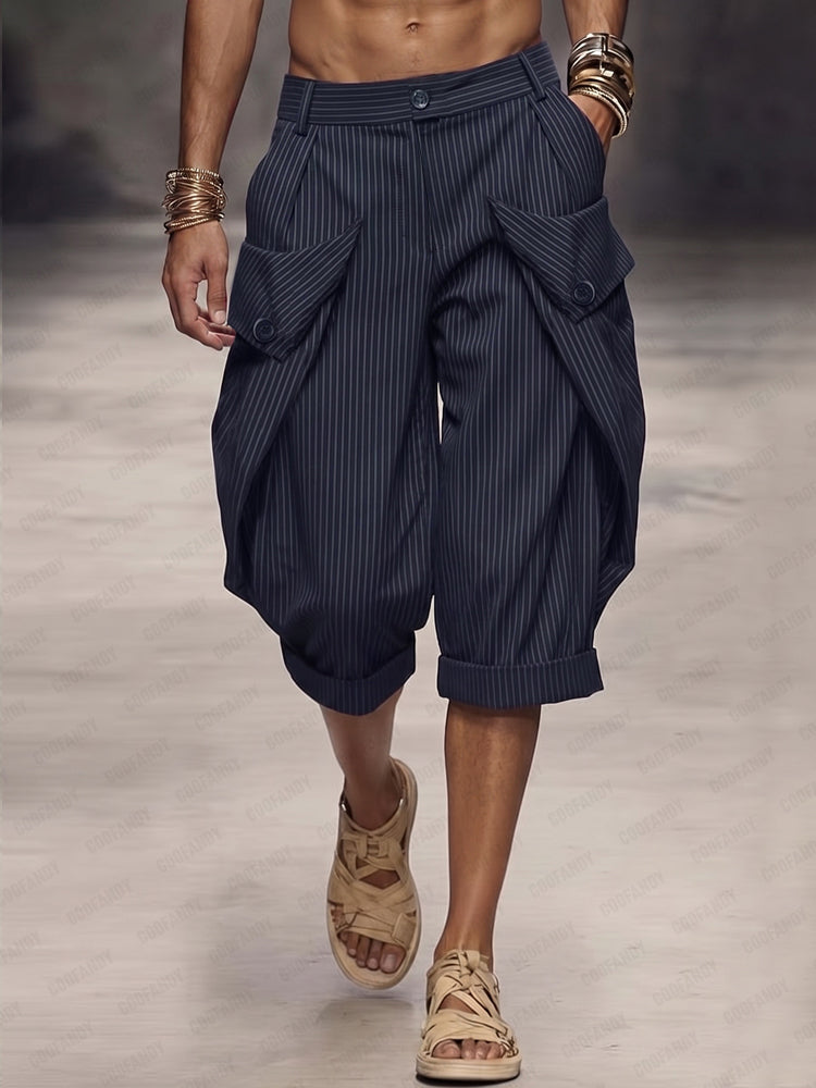 Casual Pinstripe Rolled Hem Cargo Shorts - Navy Blue