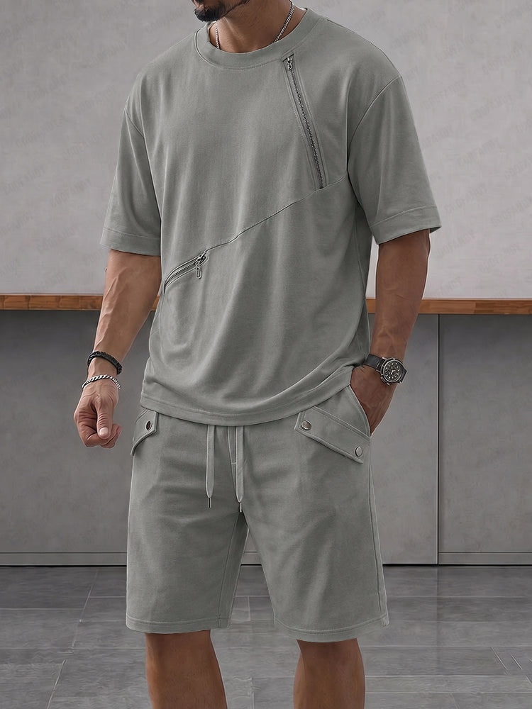 Athleisure Zipper Accent T-Shirt Shorts Set - Gray