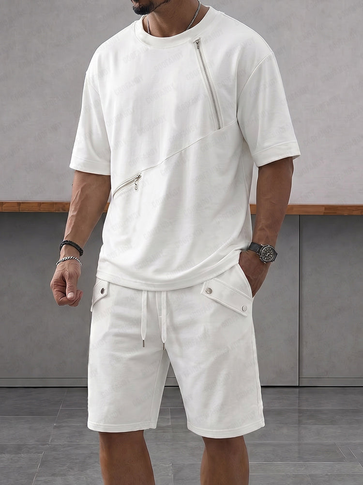 Athleisure Zipper Accent T-Shirt Shorts Set - White