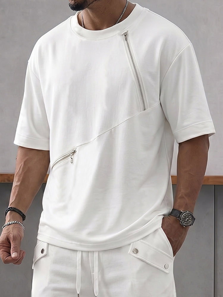 Athleisure Zipper Accent T-Shirt Shorts Set - White