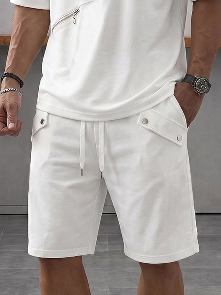 Athleisure Zipper Accent T-Shirt Shorts Set - White