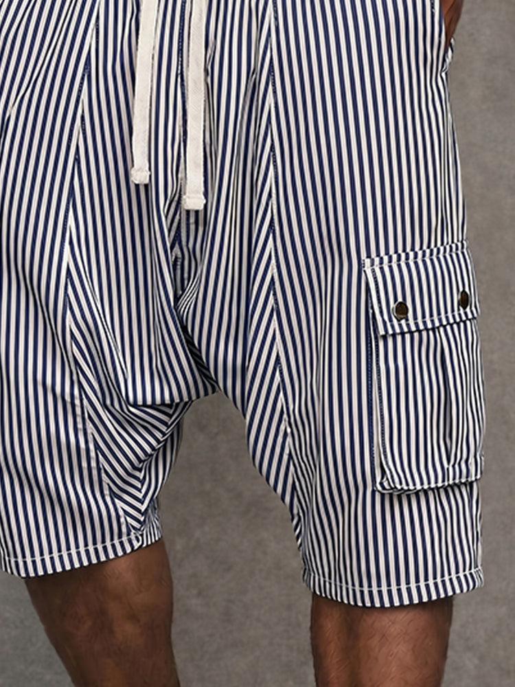Versatile Pinstripe Drop Crotch Drawstring Shorts - Dark Blue