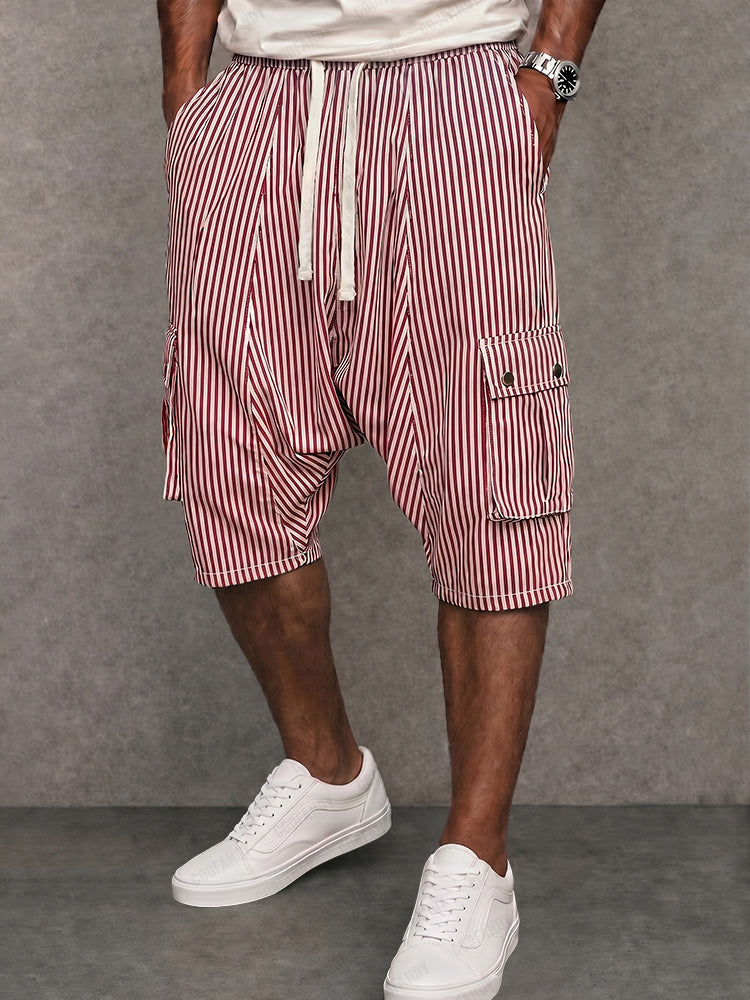 Versatile Pinstripe Drop Crotch Drawstring Shorts - Red