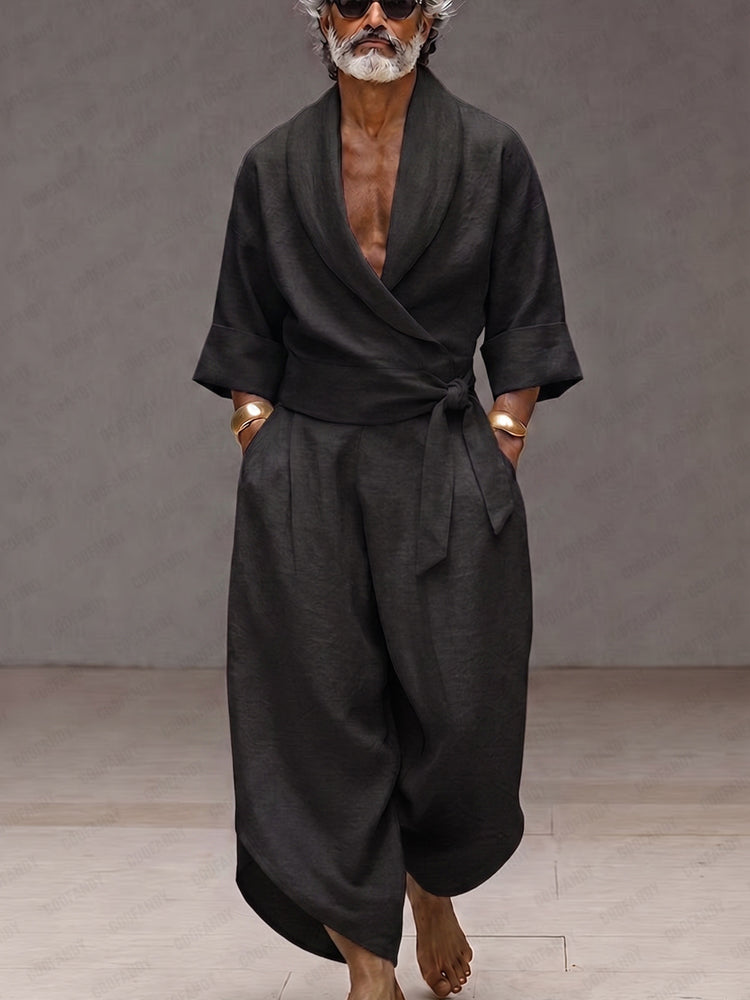 Urban Minimalist 100% Cotton Tie-Up Shirt Set - Black