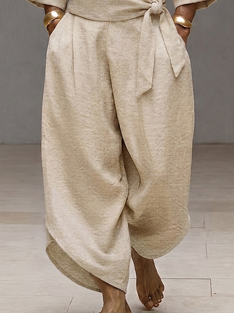 Urban Minimalist 100% Cotton Tie-Up Shirt Set - Apricot