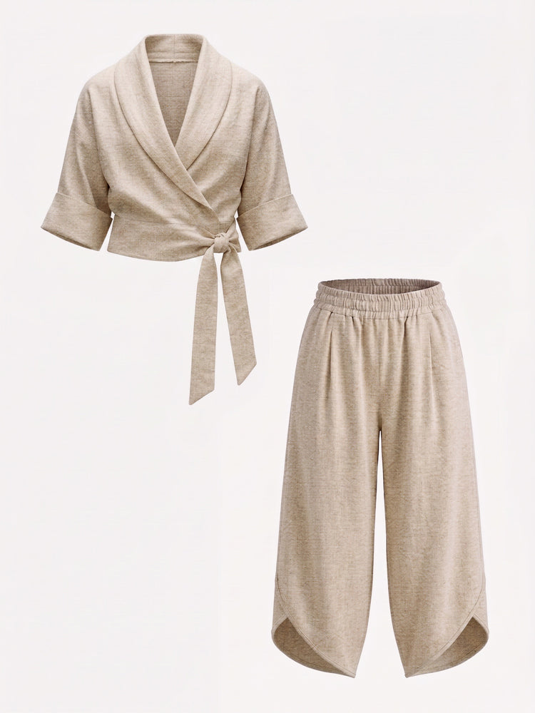Urban Minimalist 100% Cotton Tie-Up Shirt Set - Apricot