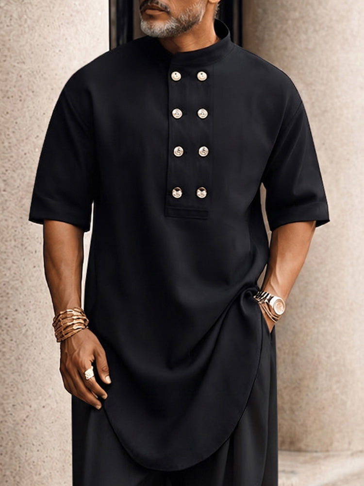 Casual Button Up Longline Top and Pants Set - Black
