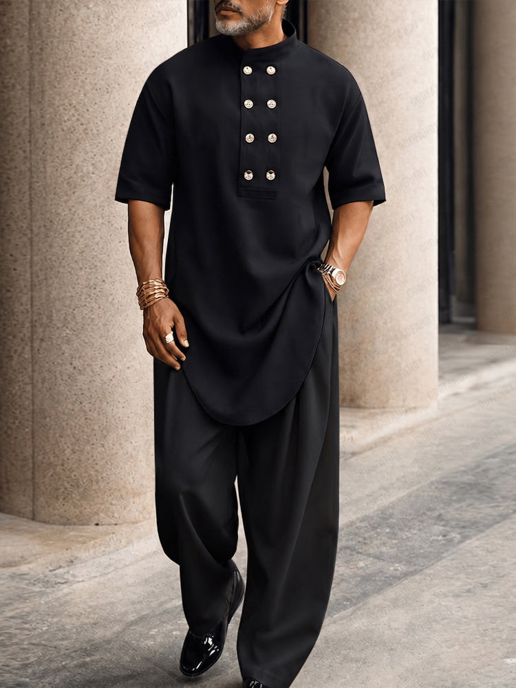 Casual Button Up Longline Top and Pants Set - Black