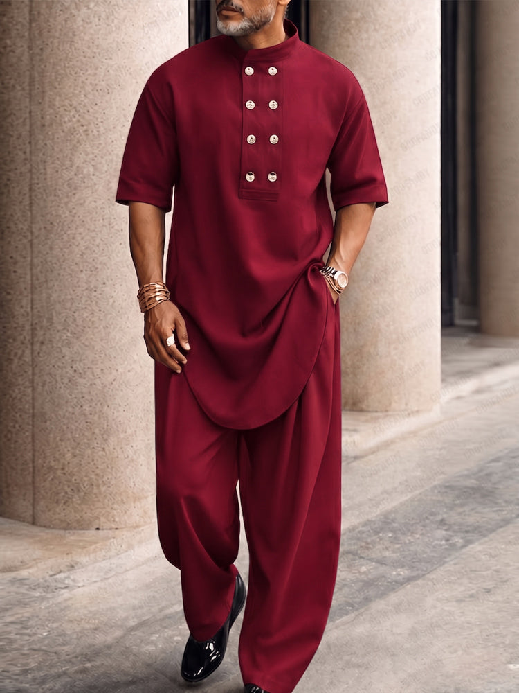 Casual Button Up Longline Top and Pants Set - Wine Red