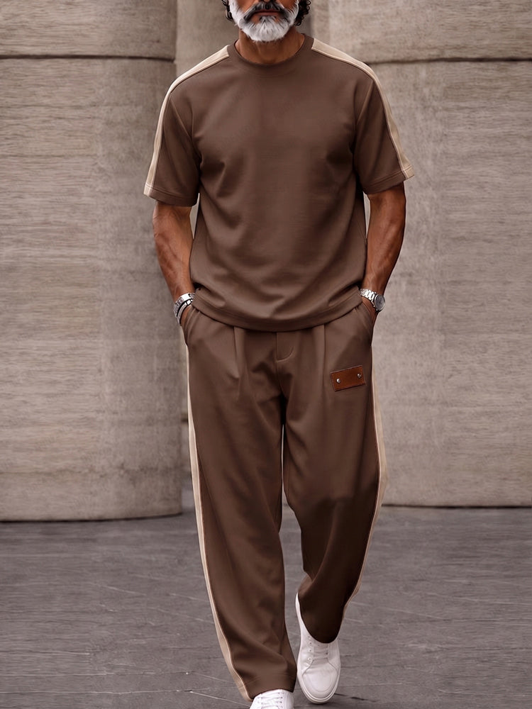 Urban Casual Contrast Patchwork Matching Set - Brown