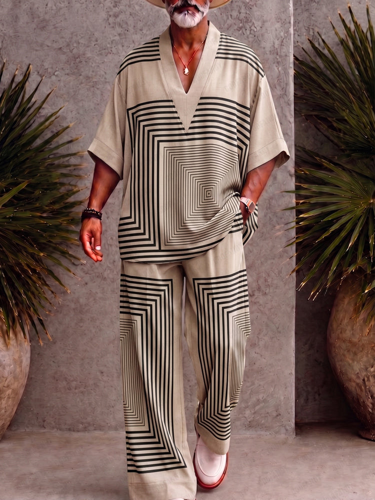 Casual Loose Printed V-Neck Top and Pants Set - PAT1