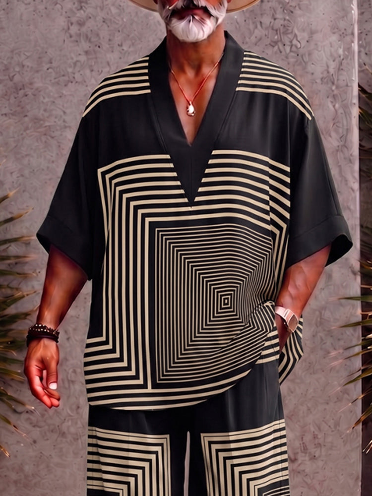Casual Loose Printed V-Neck Top and Pants Set - PAT2