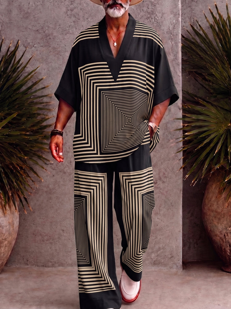 Casual Loose Printed V-Neck Top and Pants Set - PAT2
