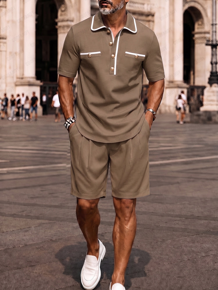 Elegant Contrast Trim Polo Shirt Shorts Set - Khaki