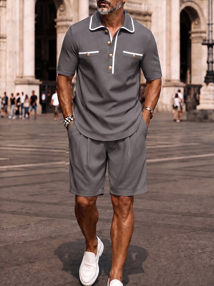 Elegant Contrast Trim Polo Shirt Shorts Set - Gray