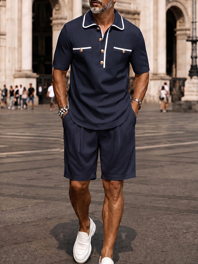 Elegant Contrast Trim Polo Shirt Shorts Set - Navy Blue