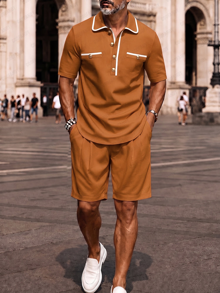 Elegant Contrast Trim Polo Shirt Shorts Set - Orange