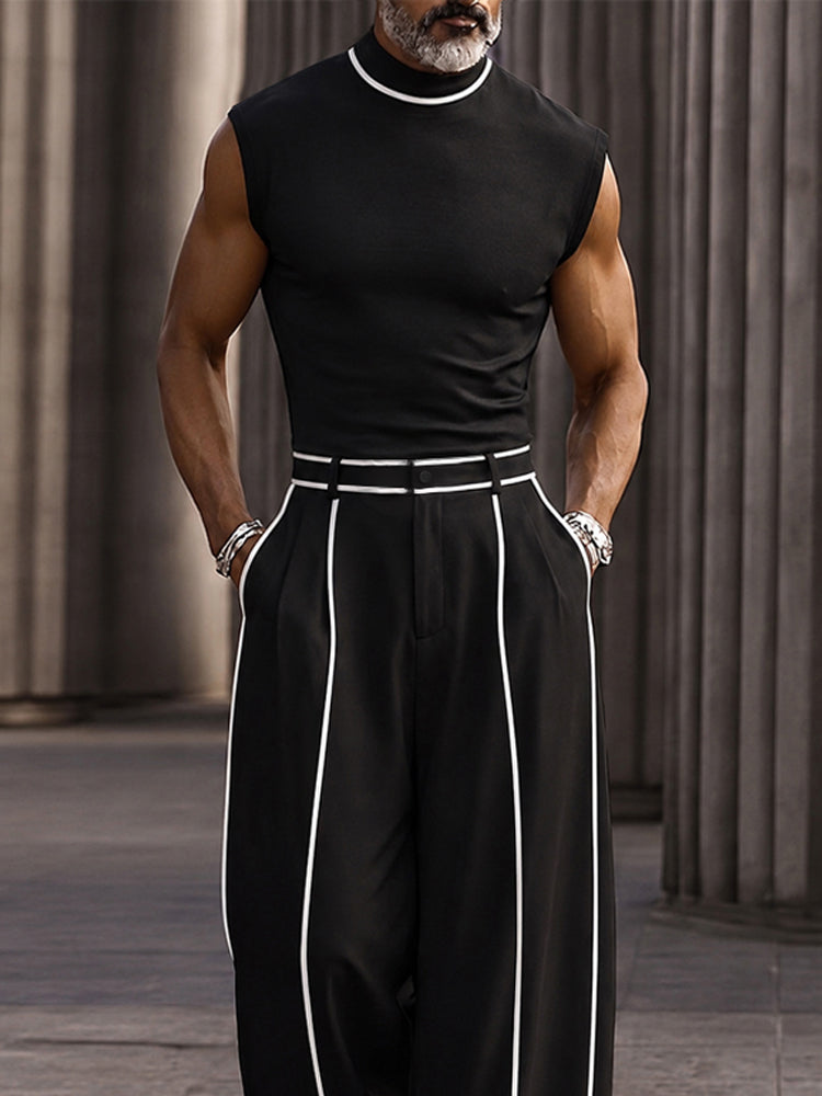 Fashion Contrast Stripe Mock Neck Matching Set - Black