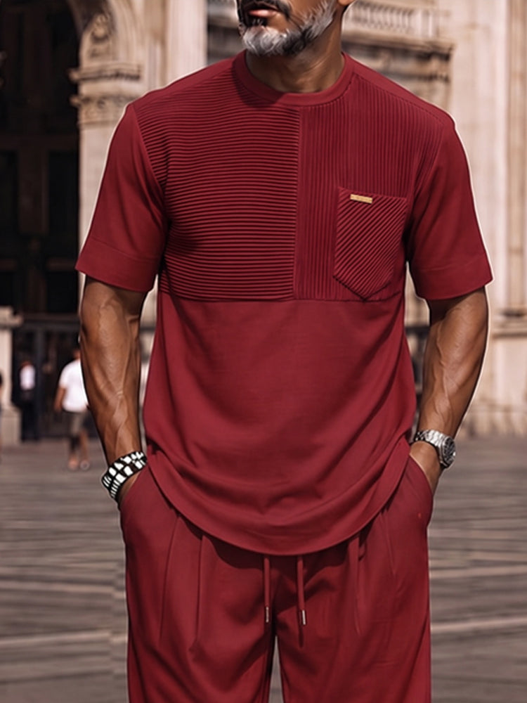 Effortless Summer Textured Patchwork Matching Set - Wine Red