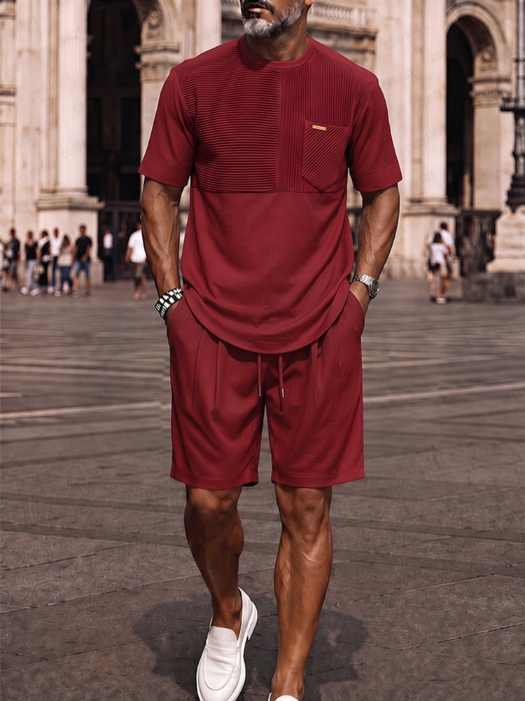 Effortless Summer Textured Patchwork Matching Set - Wine Red