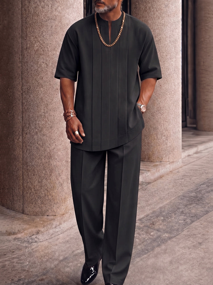 Smart Casual Pleated Front T-Shirt Pants Set - Black