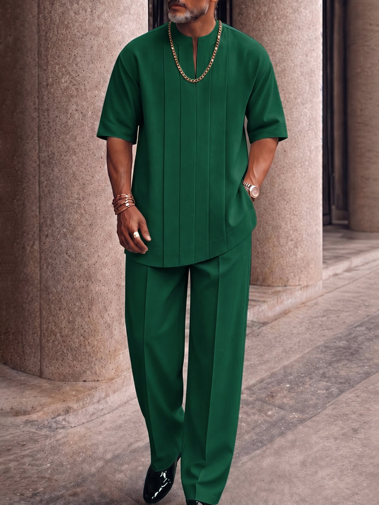 Smart Casual Pleated Front T-Shirt Pants Set - Dark Green