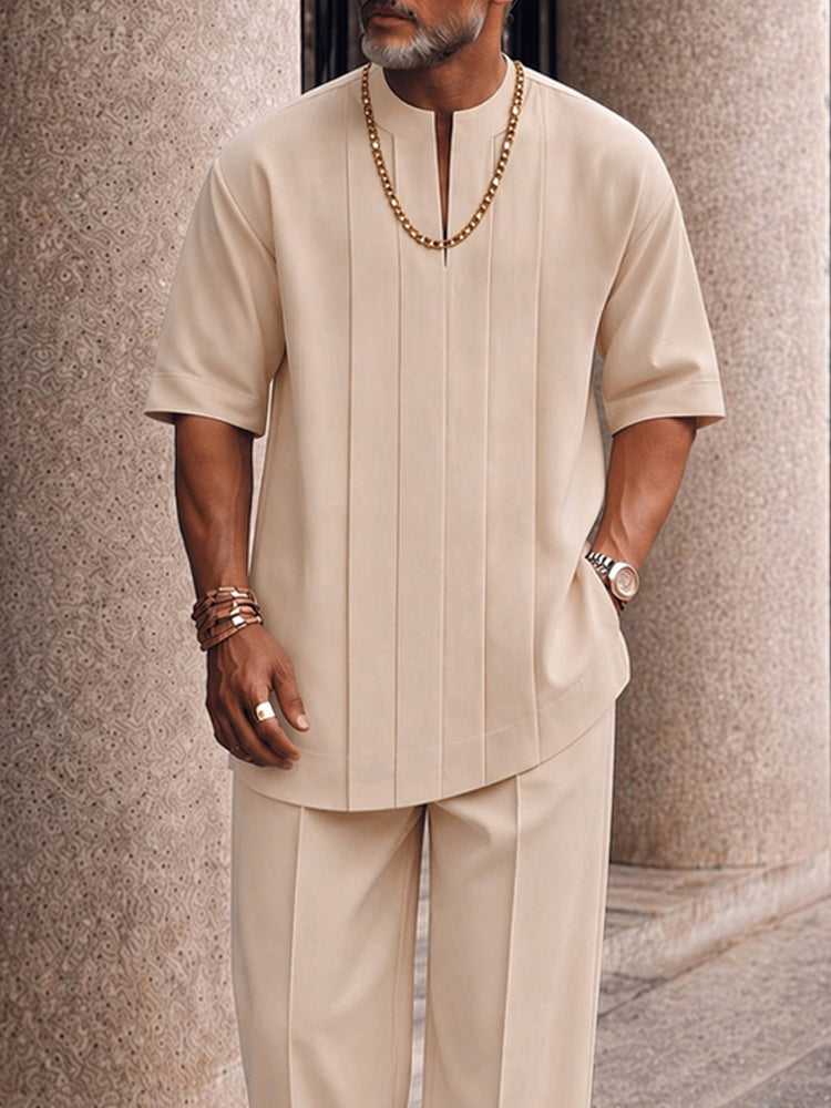 Smart Casual Pleated Front T-Shirt Pants Set - Apricot