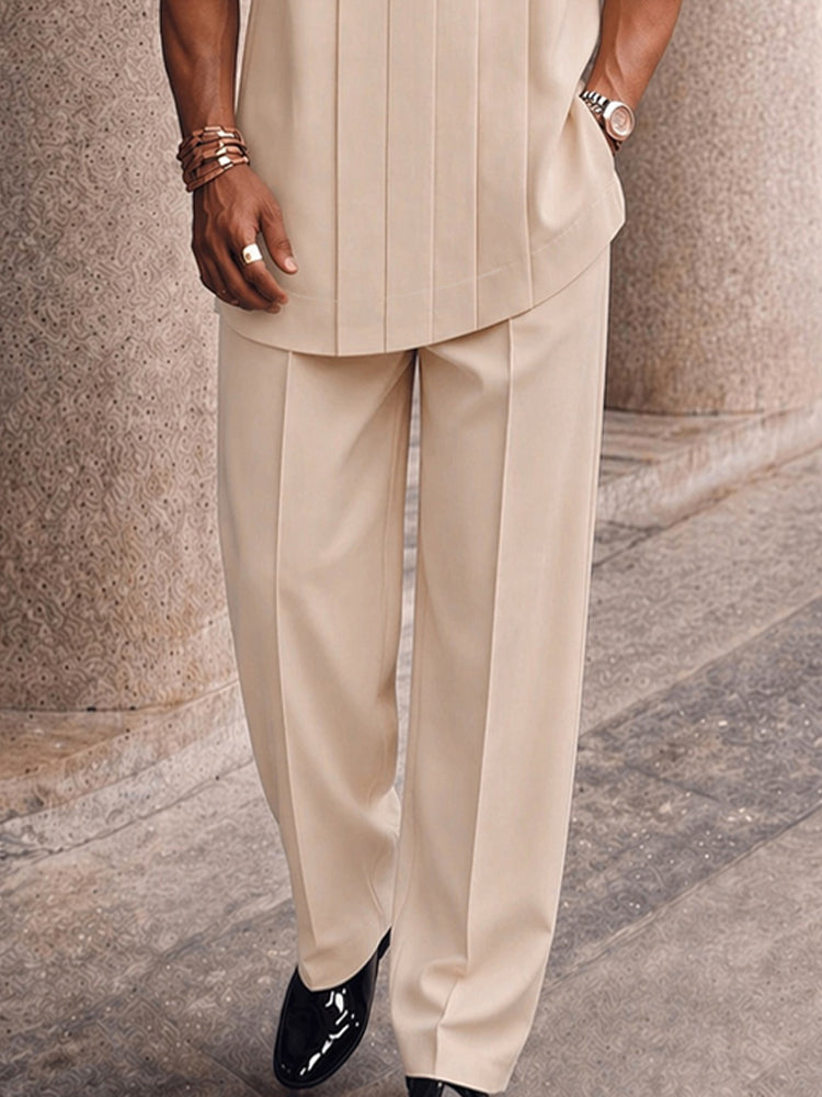 Smart Casual Pleated Front T-Shirt Pants Set - Apricot