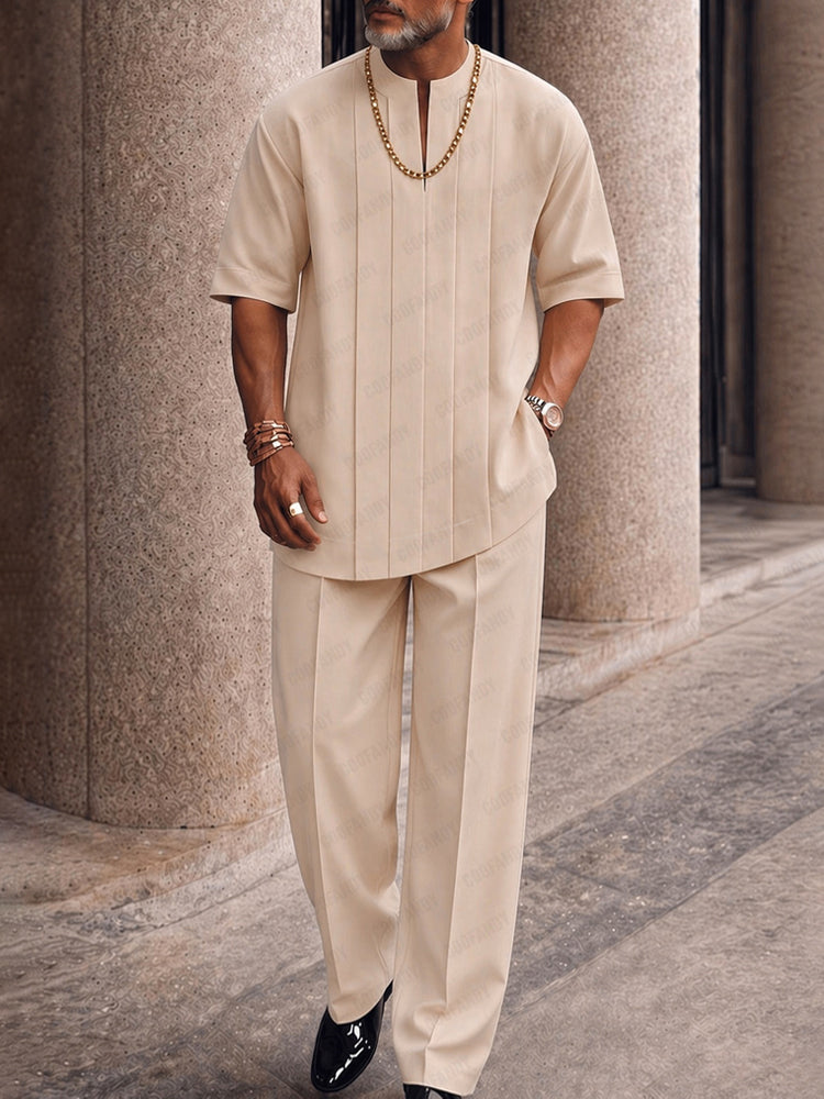 Smart Casual Pleated Front T-Shirt Pants Set - Apricot