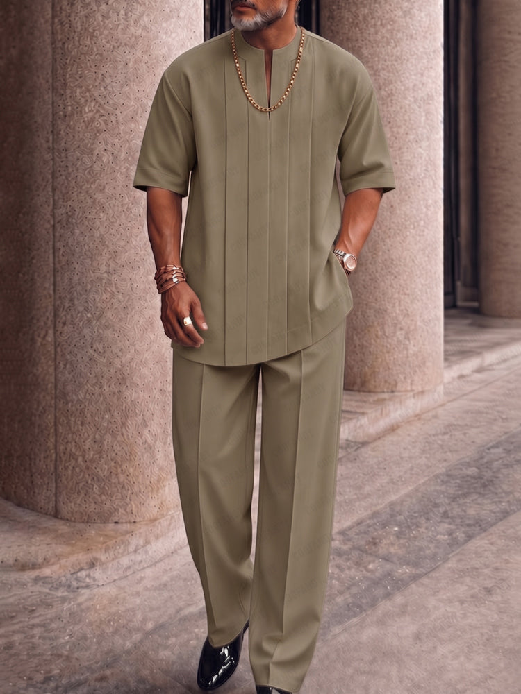 Smart Casual Pleated Front T-Shirt Pants Set - Khaki