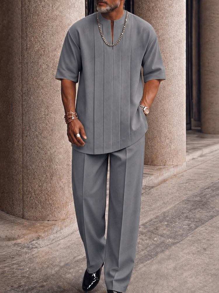 Smart Casual Pleated Front T-Shirt Pants Set - Gray