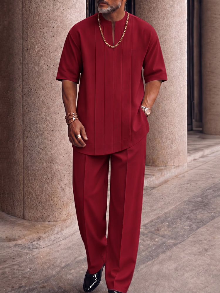 Smart Casual Pleated Front T-Shirt Pants Set - Red