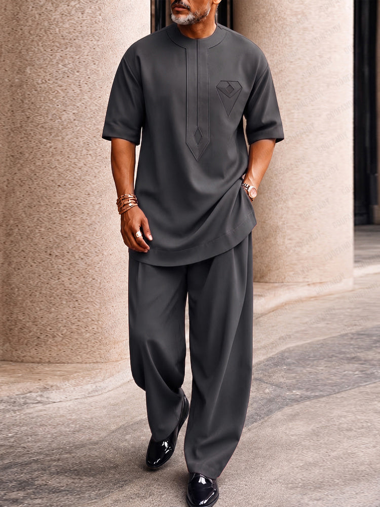 Casual Creative Pocket Longline Top Pants Set - Gray