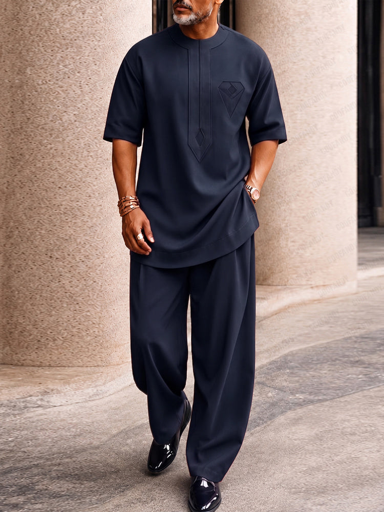 Casual Creative Pocket Longline Top Pants Set - Navy Blue