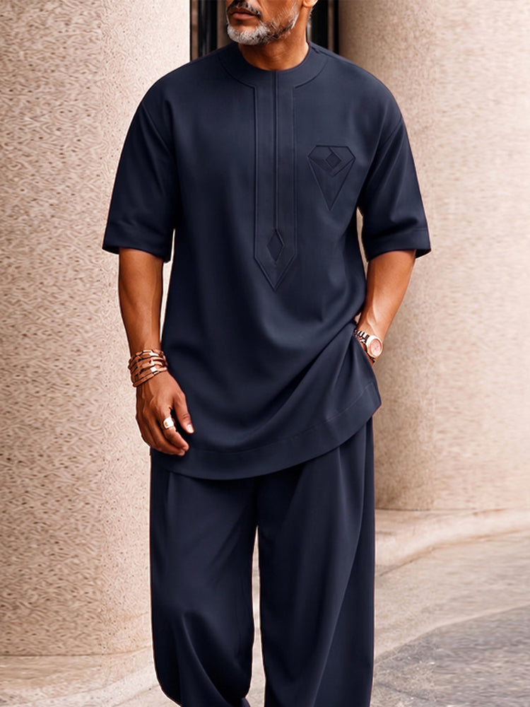 Casual Creative Pocket Longline Top Pants Set - Navy Blue