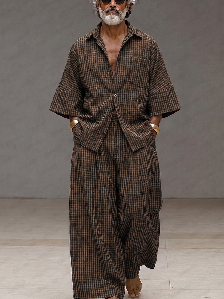 Vintage Loose Plaid Shirt and Wide-Leg Pants Set - Brown