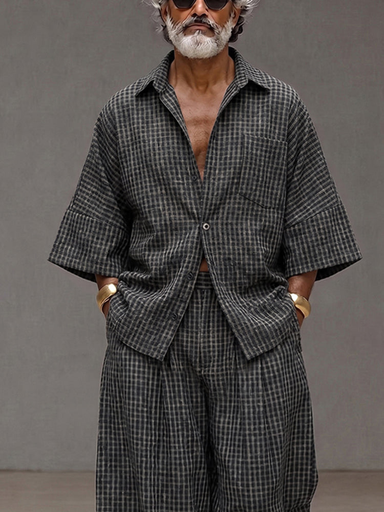 Vintage Loose Plaid Shirt and Wide-Leg Pants Set - Dark Gray