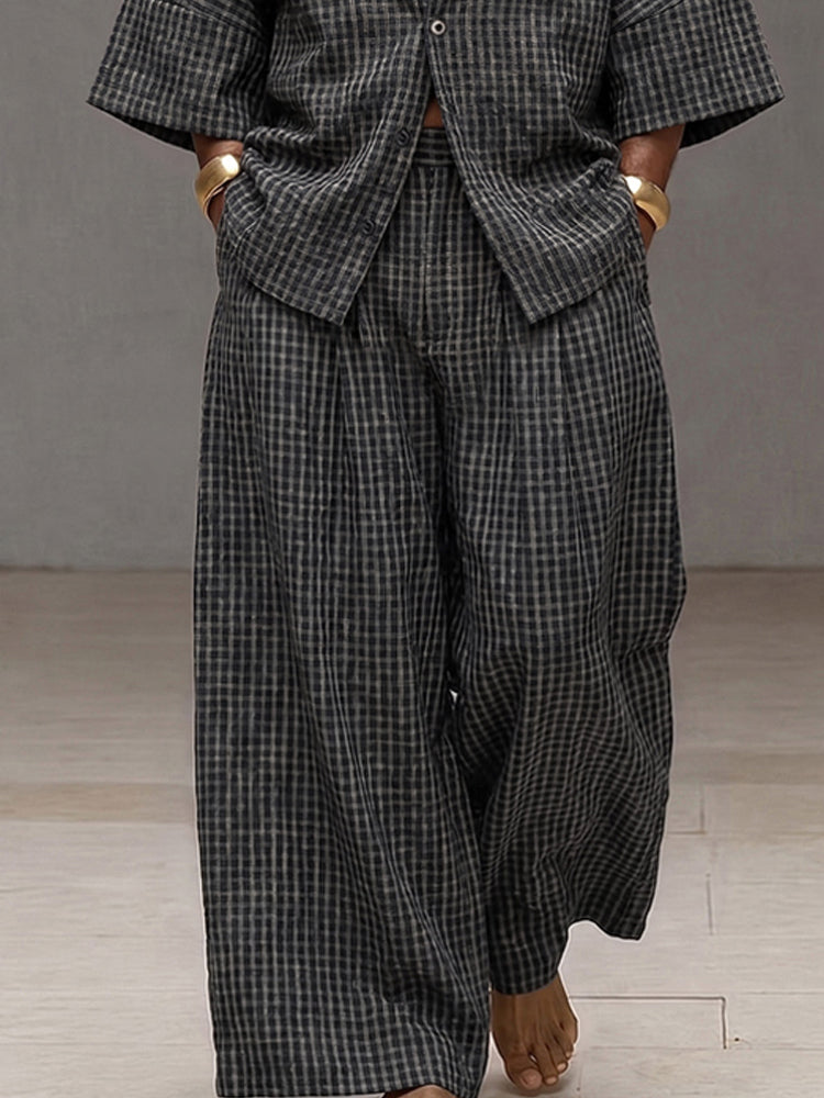 Vintage Loose Plaid Shirt and Wide-Leg Pants Set - Dark Gray