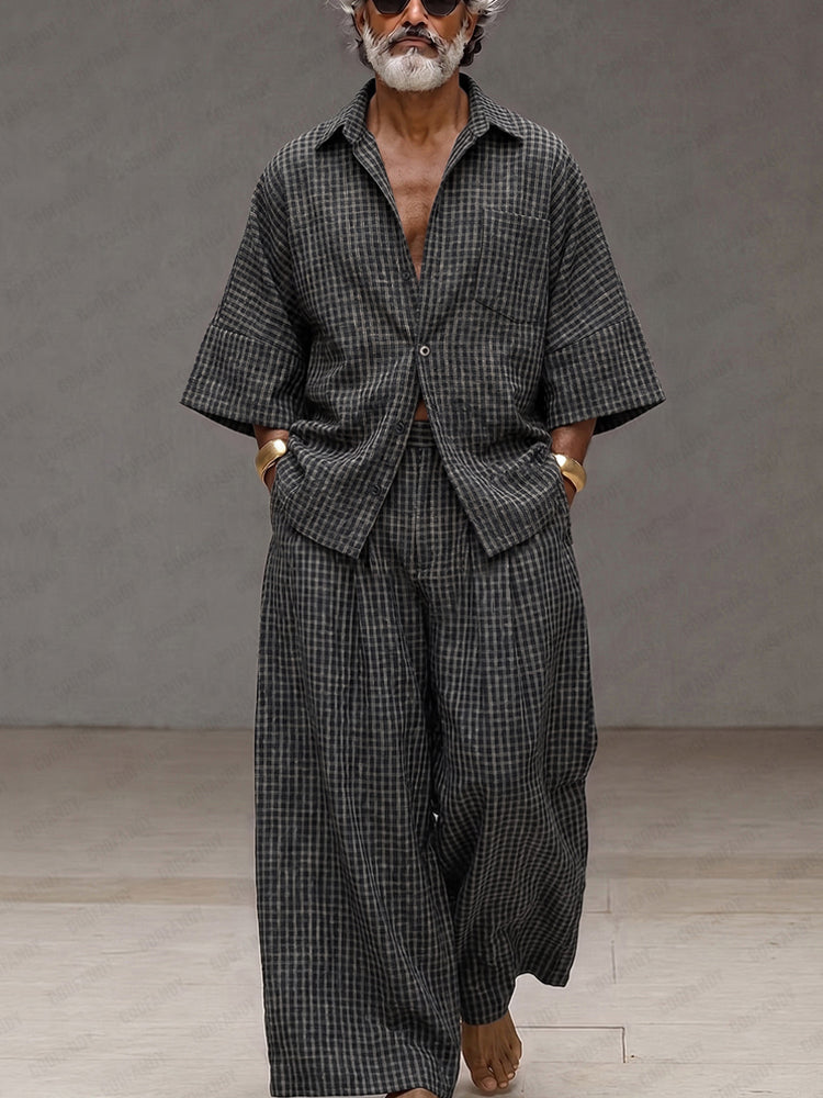 Vintage Loose Plaid Shirt and Wide-Leg Pants Set - Dark Gray