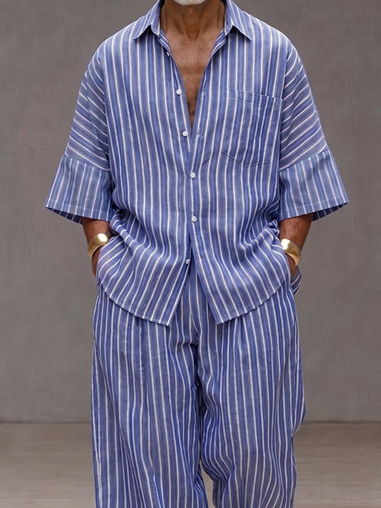 Chic Loose Fit Vertical Stripe Matching Set - Blue