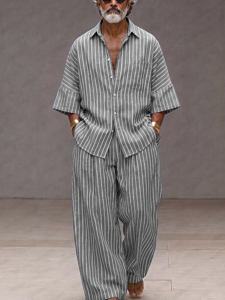 Chic Loose Fit Vertical Stripe Matching Set - Gray