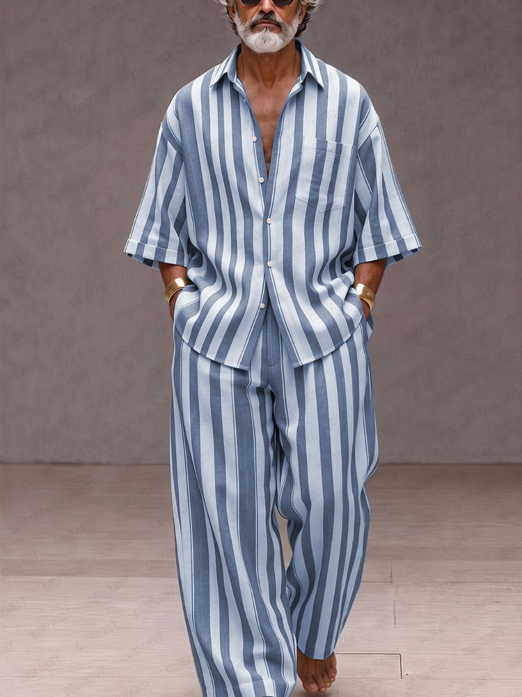 Versatile Loose Fit Wide Striped Shirt Pants Set - Blue
